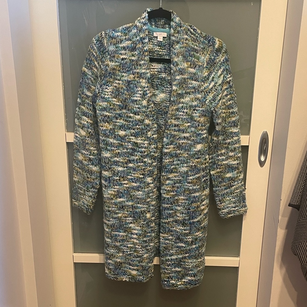 J. Jill Clarendon Blue Green Multicolor Open Front Cardigan Duster, Small, EUC